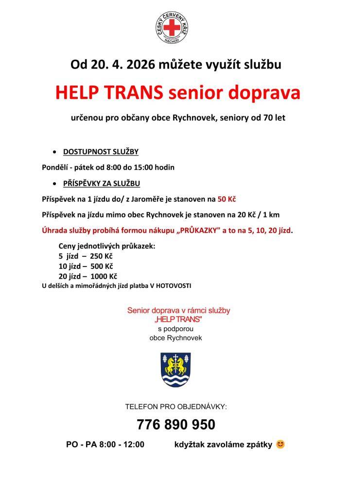 Služba HELP TRANS Senior, realizovaná Českým červeným křížem, je určena pro jednotlivce starší 70 let se sníženou soběstačností a zdravotně postižené.