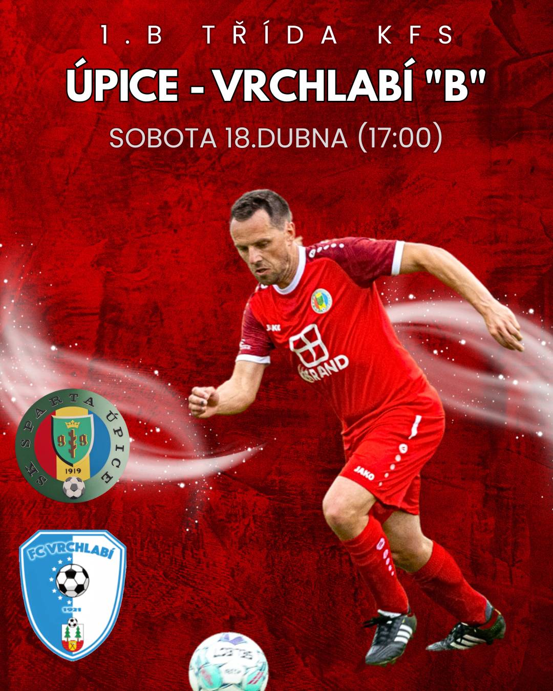 Pozvánka na sobotní fotbalové utkání mužů: SK Sparta Úpice - FC Vrchlabí "B" Krajská soutěž 1.B třída (7.liga) 18.dubna 2026 (sobota, 17:00) stadion: Úpice