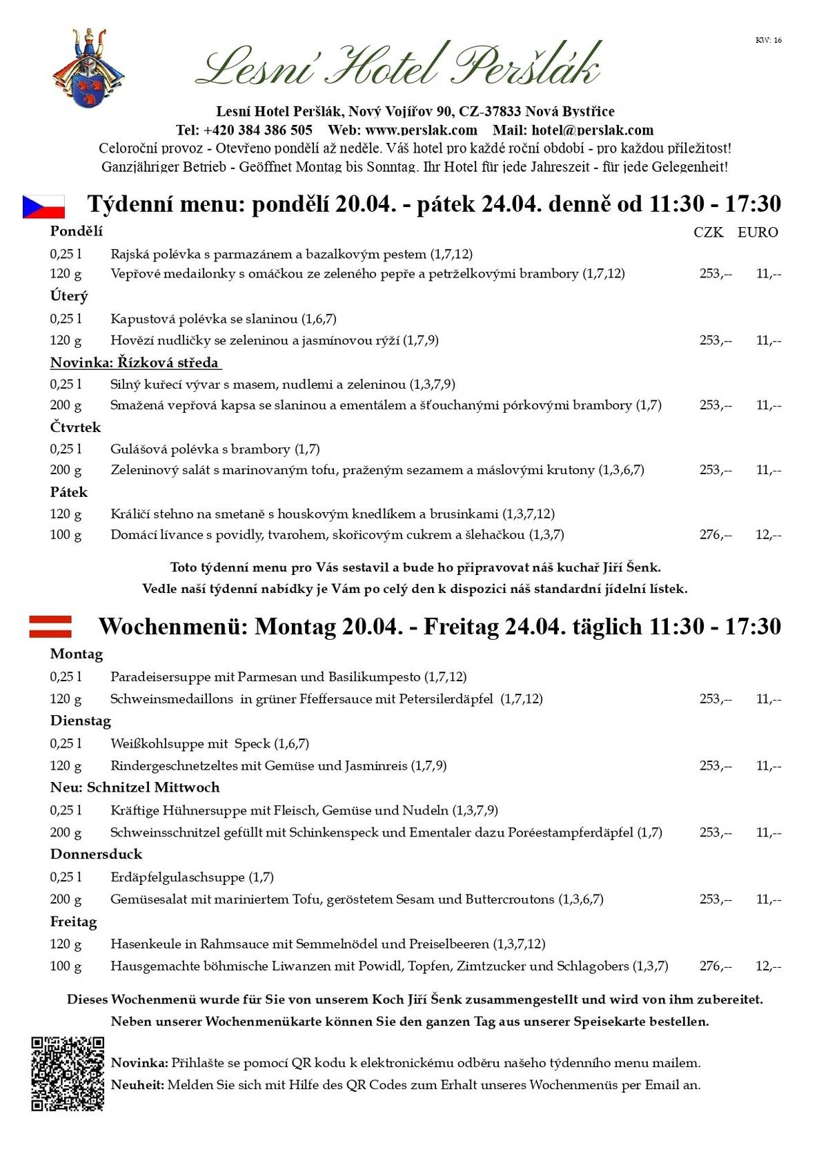 Vážení hosté, více jak polovina dubna je za námi a  jarní počasí je typické pro tento měsíc, aprílové. Už jsme zažili sněhovou vánici i ranní mrazíky a mlhy. Vítr silný tak, že by Vám strhnul klobouk z hlavy a rád by vzal i víc. Dokonce i sluníčko se na nás občas usmálo. Narozdíl od slunce, obsluha v naší restauraci Vás potěší svým úsměvem vždy. A ještě větší radost Vám udělají, když Vám přinesou Váš oblíbený nápoj či pokrm. Neváhejte a zavítejte k nám na návštěvu. Ochutnejte náš nový aperitiv SARTI ROSA SPRITZ. Pokud máte v oblibě Aperol Spritz, tak pravý italský SARTI si určitě zamilujete. V našem česko-rakouském pohraniční se vždy něco děje. Od Jindřichova Hradce, Novou Bystřici přes Litschau až do Heidenreichsteinu. My Vám poradíme kam vyrazit. Naše volnočasové tipy najdete na našich webových stránkách zde: https://www.perslak.com/kalendar-akci.html Protože kapacita naší zahrádky i restaurace je omezená, prosíme Vás o včasnou rezervaci na telefonním čísle: 384 386 505. Pro školáky a studenty z Nové Bystřice a širokého okolí i letos, hlavně o víkendech, ale i o prázdninách, nabízíme možnost brigády v restauraci nebo hotelu formou DPP. Minimální hodinové ohodnocení je u nás na Peršláku 180,-- a stravování je během směny zdarma. Rádi v našem kolektivu přivítáme spolehlivé a angažované lidi, které baví gastronomie a práce s lidmi. Již nestudujete, ale rádi byste si při Vaší současné práci přivydělali prací v gastronomií? Taky nás neváhejte kontaktovat, rádi Vás poznáme. PS: Naše restaurace je pro Vás otevřená 7 dní v týdnu, vždy od 11:30. Samozřejmě si můžete po celý den objednat z našeho stálého jídelního lístku.   Těšíme se na Vaši návštěvu. S pozdravem a úctou, Marcus O. Hauser