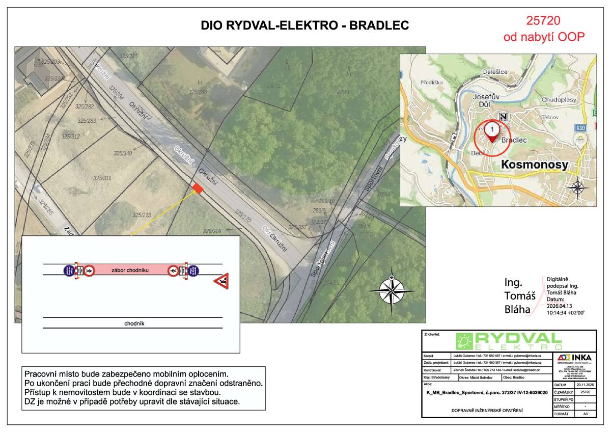 Informujeme, že v termínu 23. - 24. dubna bude z důvodu výkopových prací uzavřena část chodníku v ulici Okružní viz přiložená mapa.