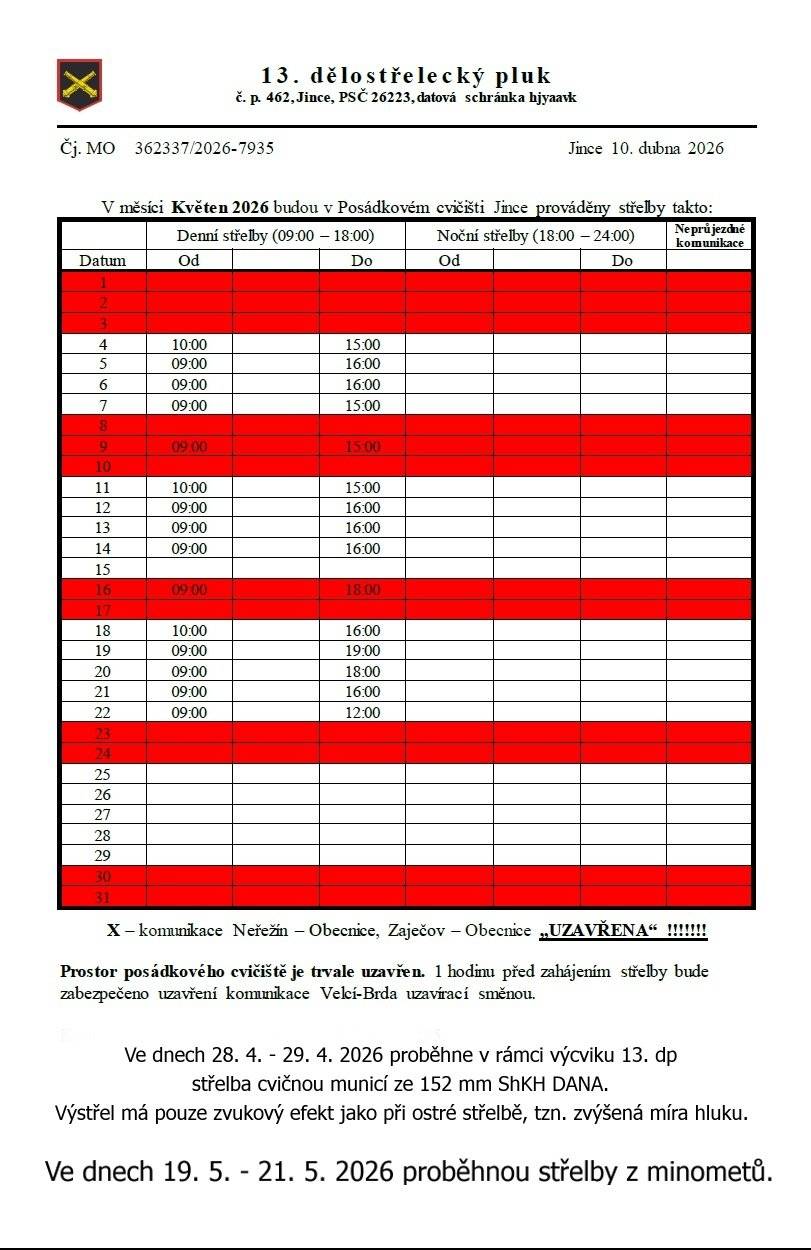 Ve dnech 28. 4. - 29. 4. 2026 proběhne v rámci výcviku 13. dp střelba cvičnou municí ze 152 mm ShKH DANA. Výstřel má pouze zvukový efekt jako při ostré střelbě, tzn. zvýšená míra hluku. Ve dnech 19. 5. - 21. 5. 2026 proběhnou střelby z minometů.