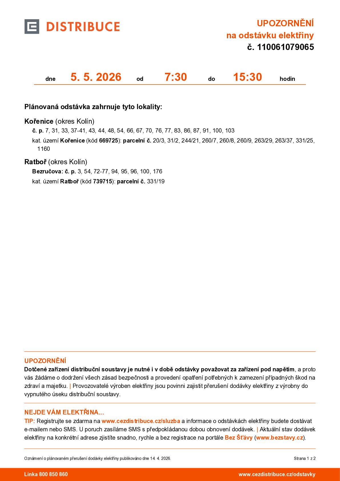 Plánovaná odstávka Ratboř, Bezručova ulice