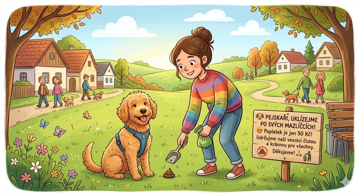 Vážení sousedé a pejskaři,  máme u nás jeden z nejnižších poplatků za psy široko daleko - symbolických 50 Kč ročně. Tahle pedesátikoruna ale bohužel neobsahuje ,,balíček s osobním uklízečem", který by za vaším Alíkem chodil s lopatičkou.  Máte psa, tak mějte i zodpovědnost!   Nikoho z nás nebaví neustále čistit boty, kočárky a sledovat, jak si děti hrají v ,,minovém poli". To, že je váš pes roztomilý, neznamená, že jeho exkrementy na chodníku jsou dekorace.  Pokud máte sílu držet vodítko, určitě najdete i sílu ten sebrat a hodit do koše. Sáčky máte zdarma u každého odpadkového koše.   Děkujeme všem těm slušným, kteří už to dávno dělají!
