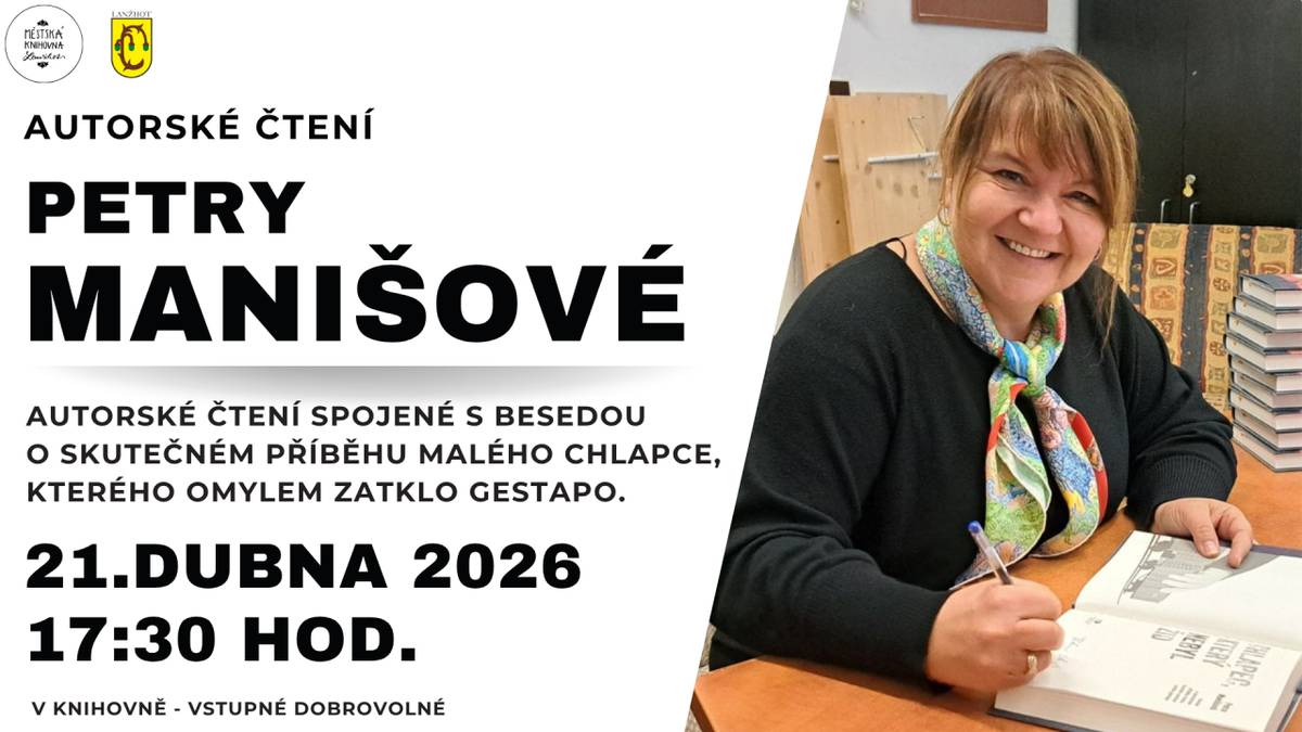 Srdečně vás zveme na besedu s Petrou Manišovou, která nám představí svou knižní prvotinu.  Kniha Chlapec, který není Žid přináší silný a dojemný příběh jejího dědečka, kterého jako desetiletého chlapce omylem odvleklo gestapo do pracovního tábora.