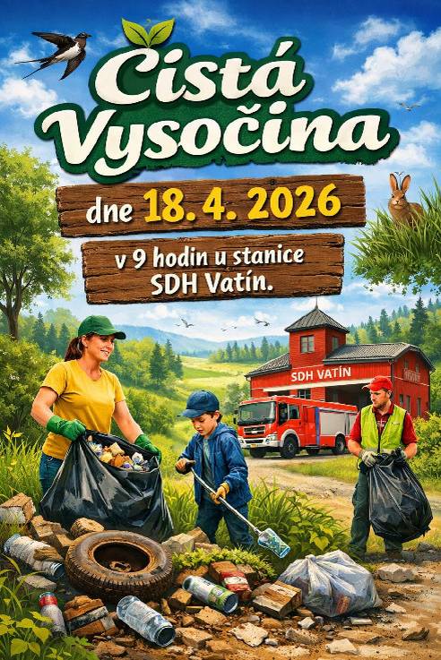 SDH Vatín organizuje tuto sobotu uklid okolí silnice I/37 jako součást kampaně Čistá Vysočina organizovaného Krajem Vysočina. Pomocníci jsou vítáni, začátek v 9 hodin u hasičárny. Děkujeme za podporu užitečného konání.