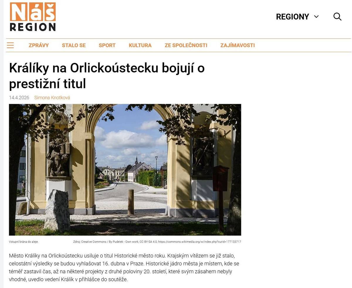 Město Králíky na Orlickoústecku usiluje o titul Historické město roku. Krajským vítězem se již stalo, celostátní výsledky se budou vyhlašovat 16. dubna v Praze. Historické jádro města je místem, kde se téměř zastavil čas, až na některé projekty z druhé poloviny 20. století, které svým zásahem nebyly vhodné, uvedlo vedení Králík v přihlášce do soutěže.  ====  celý článek na https://nasregion.cz/kraliky-na-orlickoustecku-bojuji-o-prestizni-titul-431151/