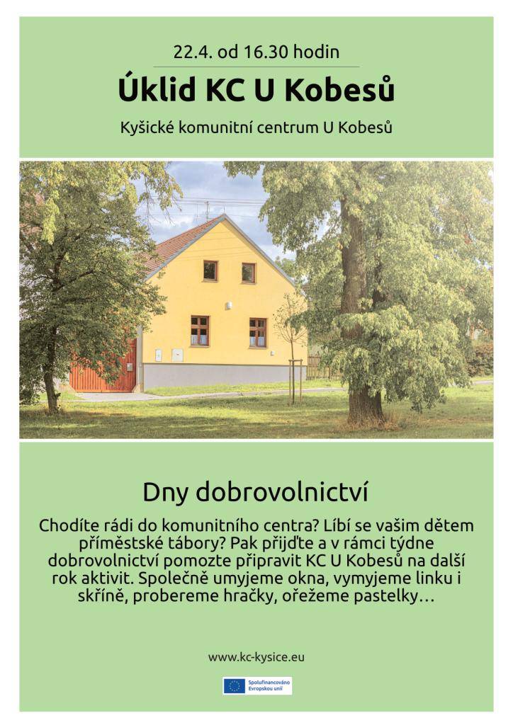 Přijďte pomoci uklidit do komunitního centra U Kobesů dne 22.4. 2026 od 16:30  hodin.