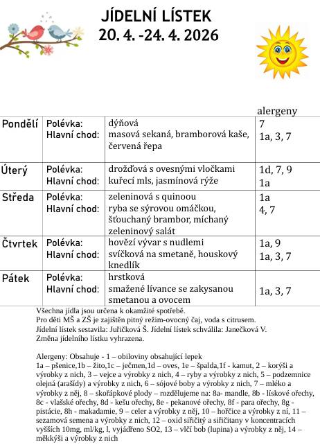 Jídelní lístek od 20. 4. do 24. 4. 2026