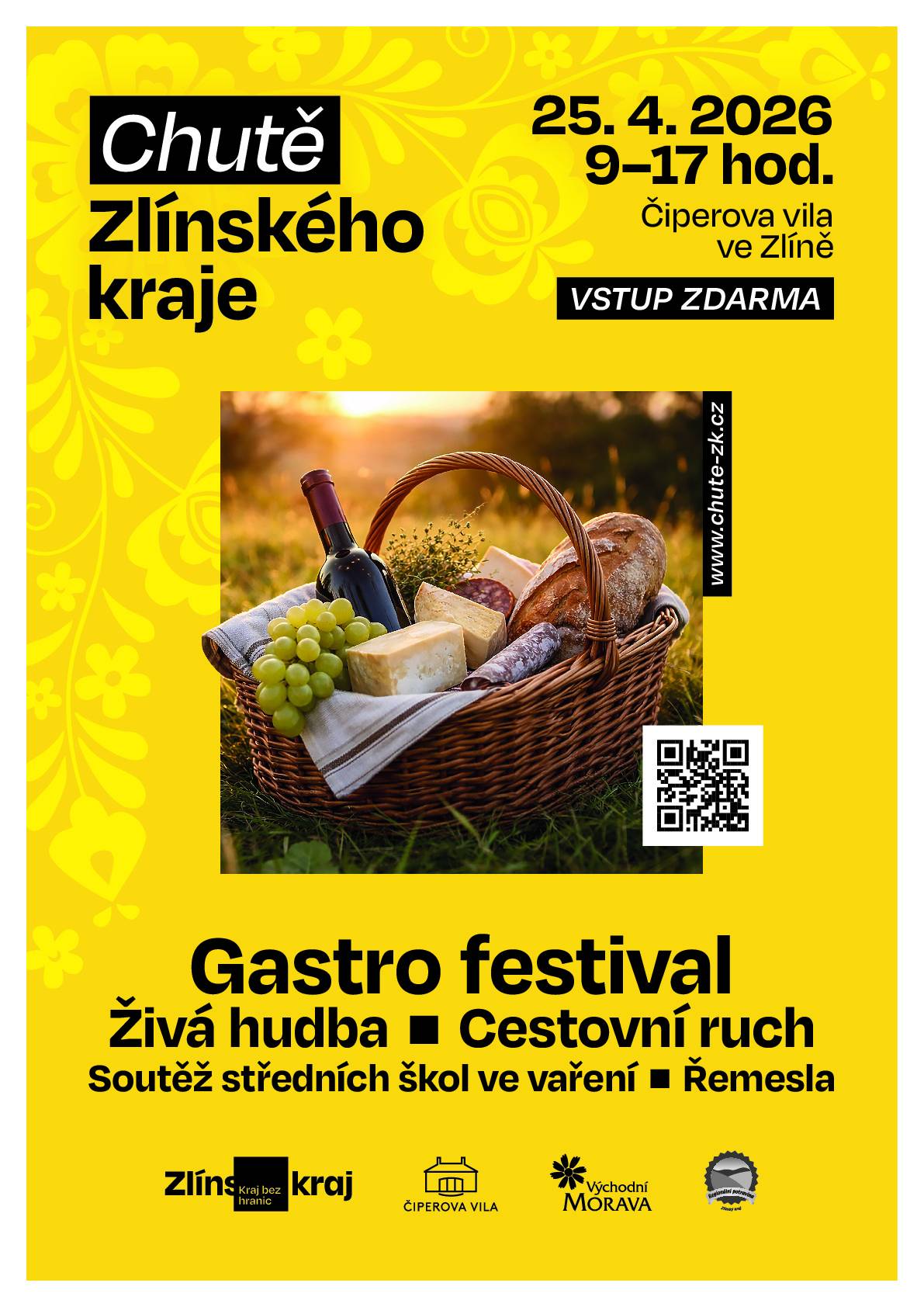 Zlínský kraj zve i letos na gastrofestival Chutě Zlínského kraje, který se uskuteční v sobotu 25. dubna od 9 do 17 hodin v zahradě Čiperovy vily ve Zlíně. Chutě Zlínského kraje nabídnou den plný chutí, vůní a tradic. Návštěvníci se mohou těšit na široký výběr regionálních potravin a specialit, vína od moravských vinařů, hudební vystoupení, soutěž mladých kuchařů i bohatý doprovodný program pro děti i dospělé. Vstup na festival je zdarma. Více informací o festivalu naleznete na webu www.chute-zk.cz.