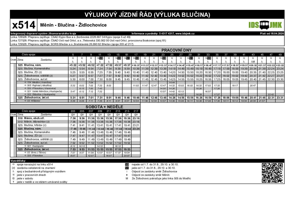V rámci stavby obchvatu Blučiny bude po dobu výstavby zřízena autobusová linka x514. Občané se tak o víkendu dostanou autobusem do Blučiny a Židlochovic.