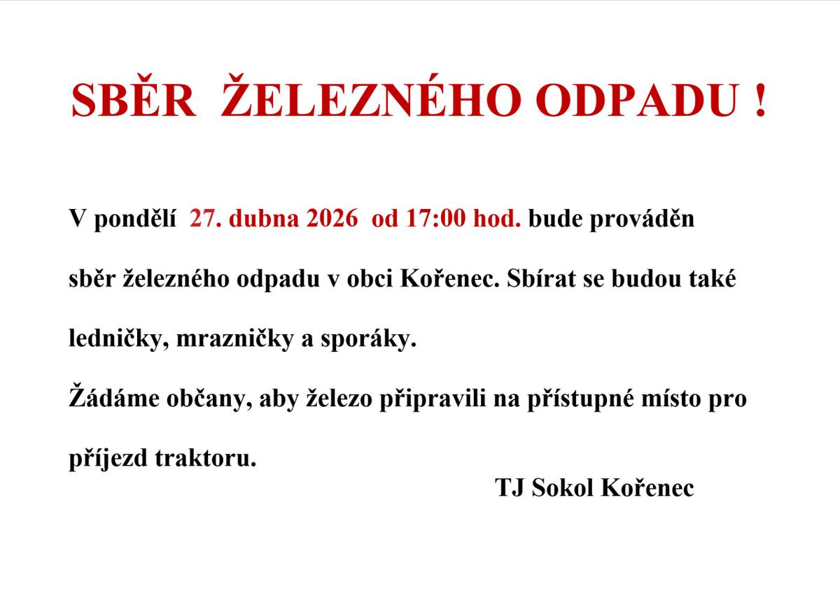 SBĚR  ŽELEZNÉHO ODPADU 27. dubna 2026  od 17:00 hod.