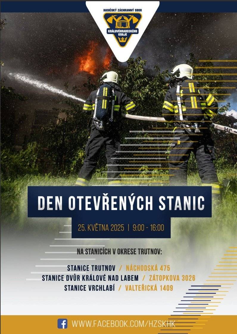 Všechny fanoušky hasičů zveme v neděli 17. května 2026 na den otevřených stanic Hasičského záchranného sboru Královéhradeckého kraje od 9 do 16 hodin. Chcete si prohlédnout hasičská auta zblízka, nahlédnout do našeho zázemí nebo si vyzkoušet něco z naší práce?🚒👨🚒 Čeká vás den plný zážitků pro malé i velké. Na jednotlivých stanicích pro Vás chystáme různorodý program, o kterém Vás budeme informovat průběžně na FACEBOOKU HZS HKK >>> ODKAZ NA UDÁLOST NA FACEBOOKU HZS HKK S AKTUÁLNÍMI INFORMACEMI <<<  nebo HZS Královéhradeckého kraje - Dny otevřených stanic 2026 - Hasičský záchranný sbor České republiky