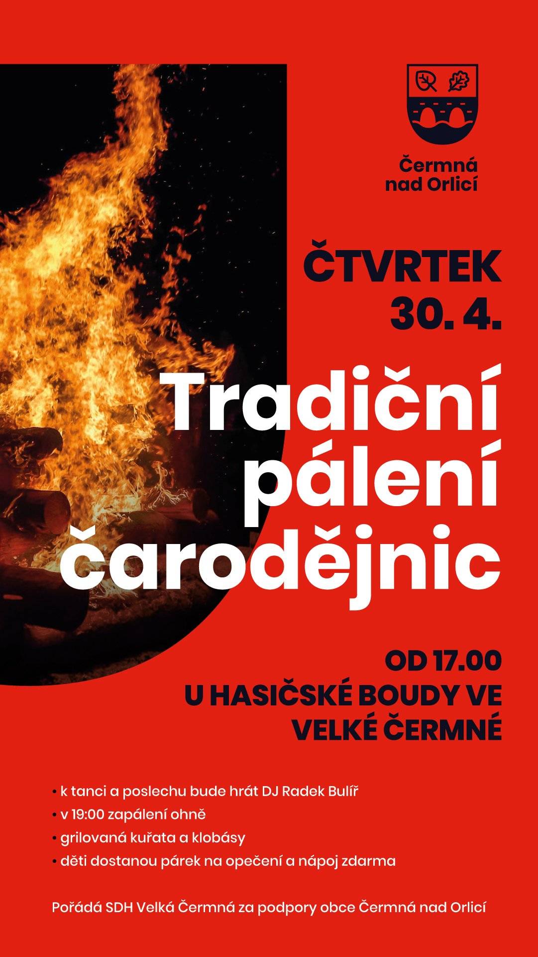 SDH Velká Čermná zve do Boudy ve čtvrtek 30. dubna 2026 od 17.00 hodin na tradiční pálení čarodějnic.