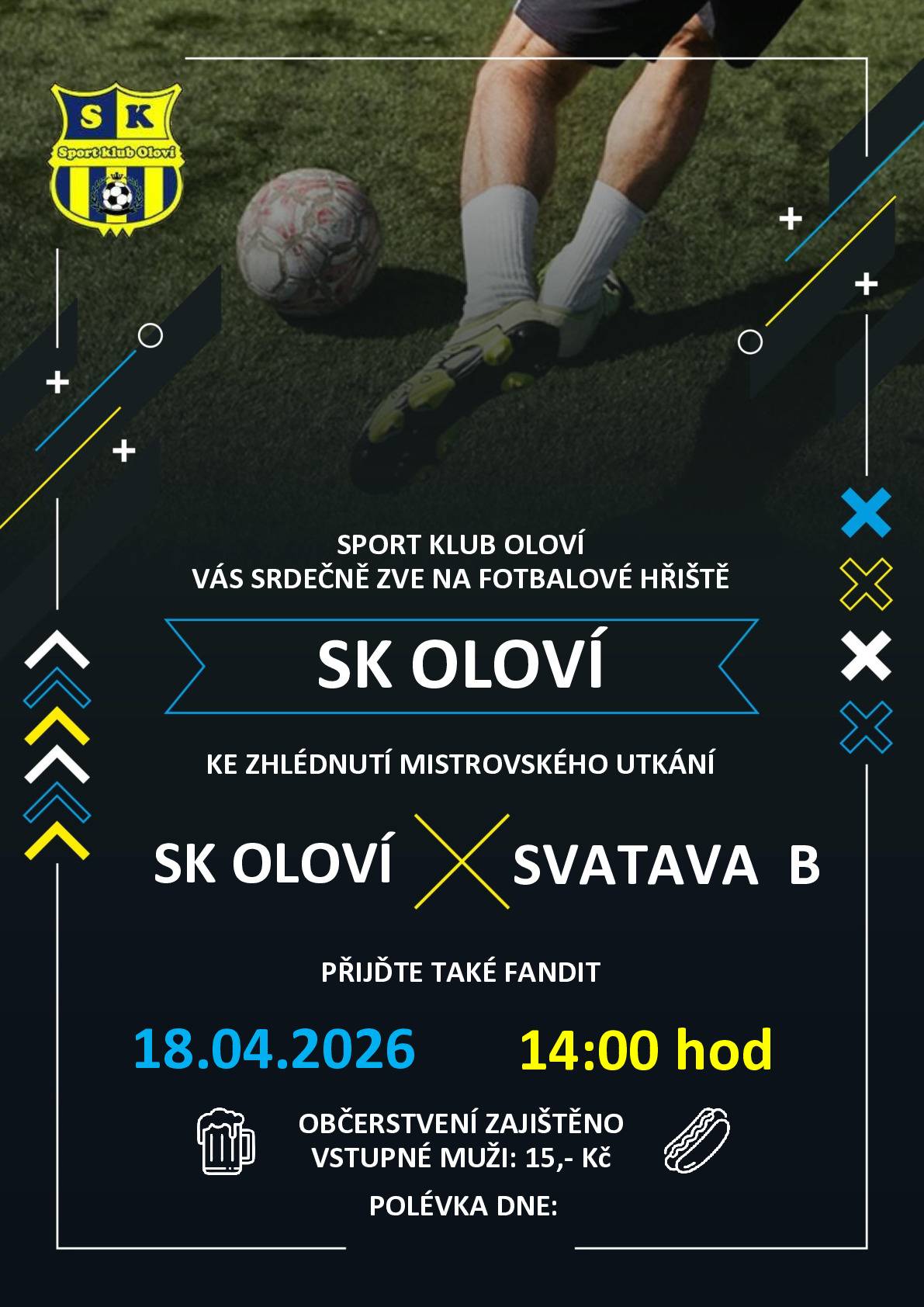 Sport klub Oloví Vás srdečně zvou na fotbalové utkání, které se uskuteční dne 18.04.2026 od 14:00 hod. na fotbalovém hřišti v Oloví.