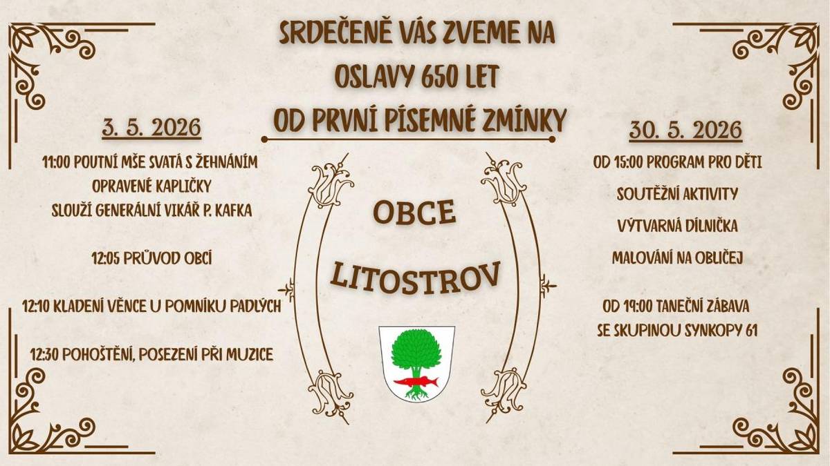Srdečně Vás zveme na oslavy 650 let od první písemné zmínky obce Litostrov.