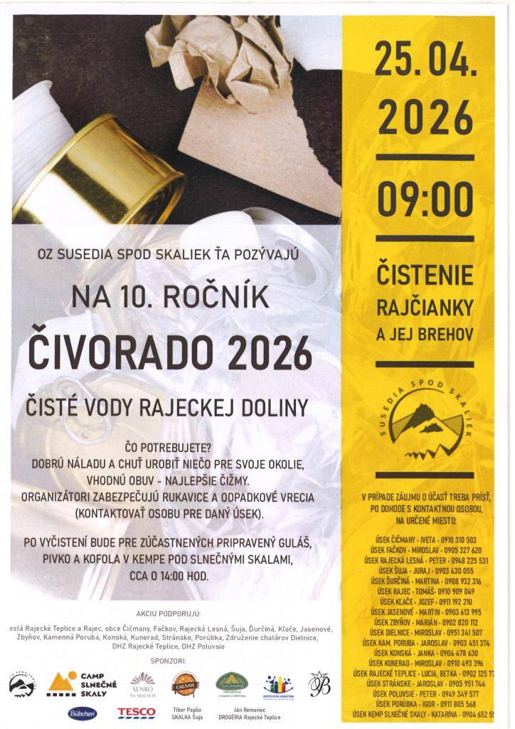 Pozývame Vás pomôcť vyčistiť svoje okolie na 10. ročníku ČIVORADO 25.04.2026 od 9:00