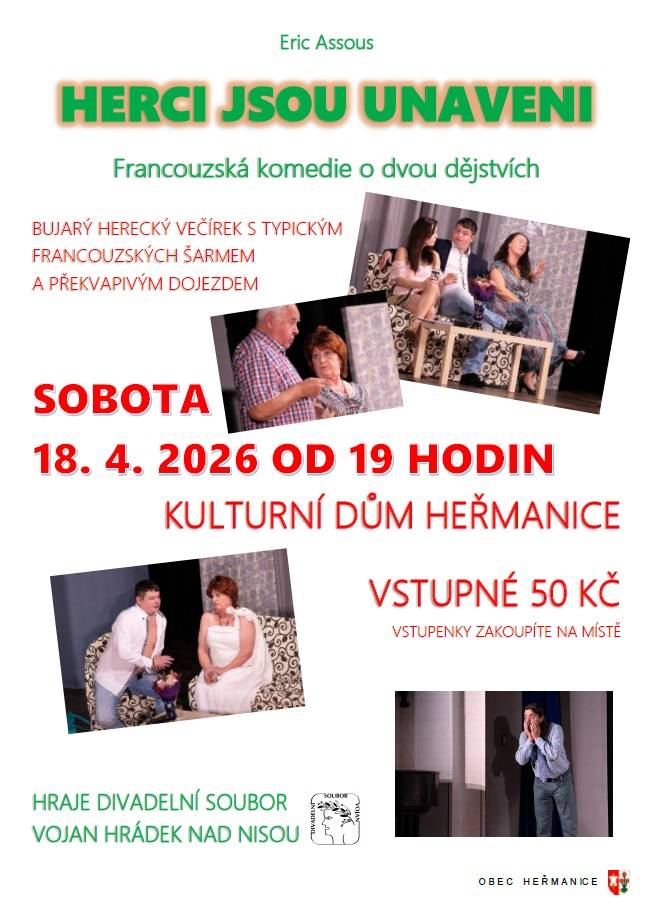 Nemusíte nikam jezdit, divadlo přijede za vámi! V sobotu 18. 4. od 19 hodin v kulturním domě.