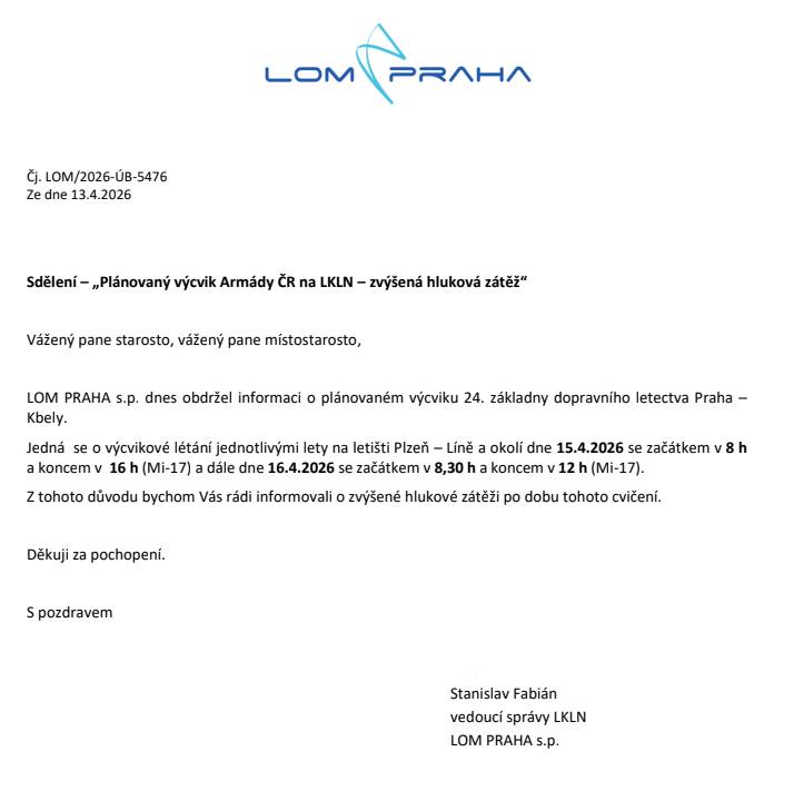Výcvikové létání jednotlivými lety na letišti Plzeň – Líně a okolí se bude konat ve dnech 15. a 16. dubna.
