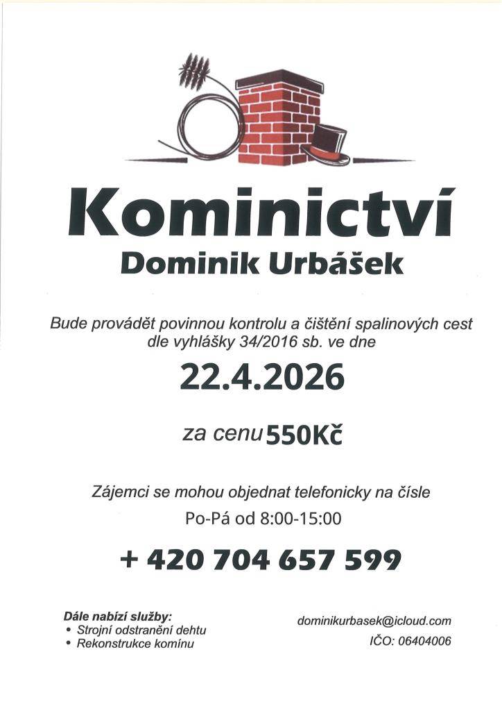 Cena za čištění a kontrolu i se zprávou bude 550,- Kč. Zájemci se mohou objednávat na telefonním čísle 704 657 599  (Po-Pá od 8:00-15:00)Po domluvě je možné provést i frézování, vložkování a výstavbu nových komínových těles.