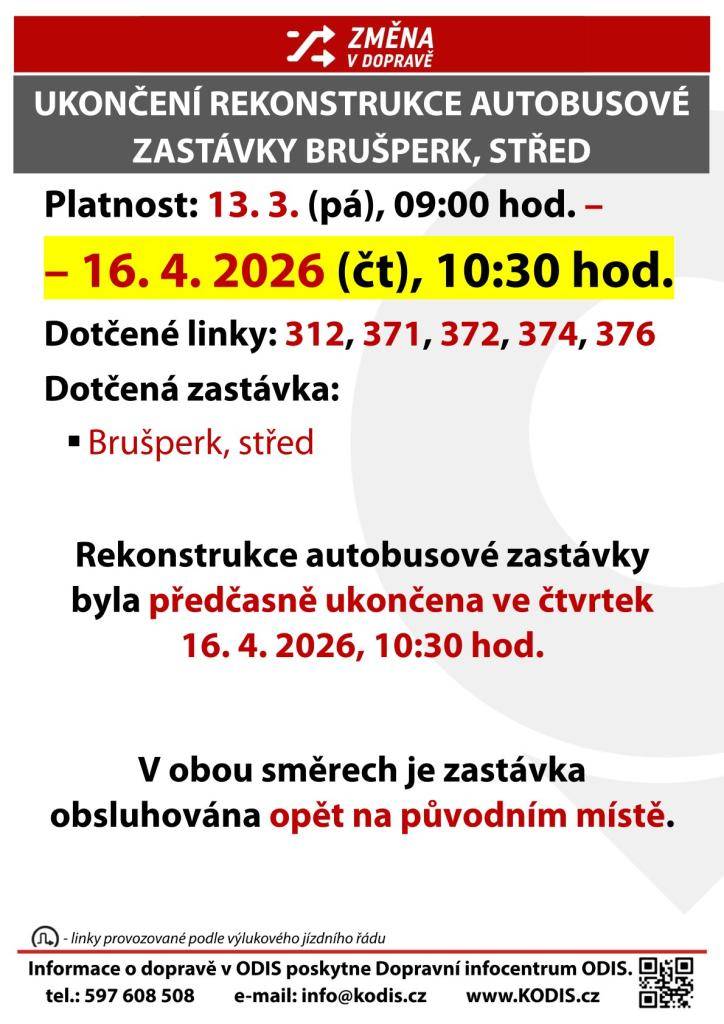 S účinností od dnešního dne (16.4.2026) je autobusová zastávka Brušperk Střed opět uvedena do provozu.