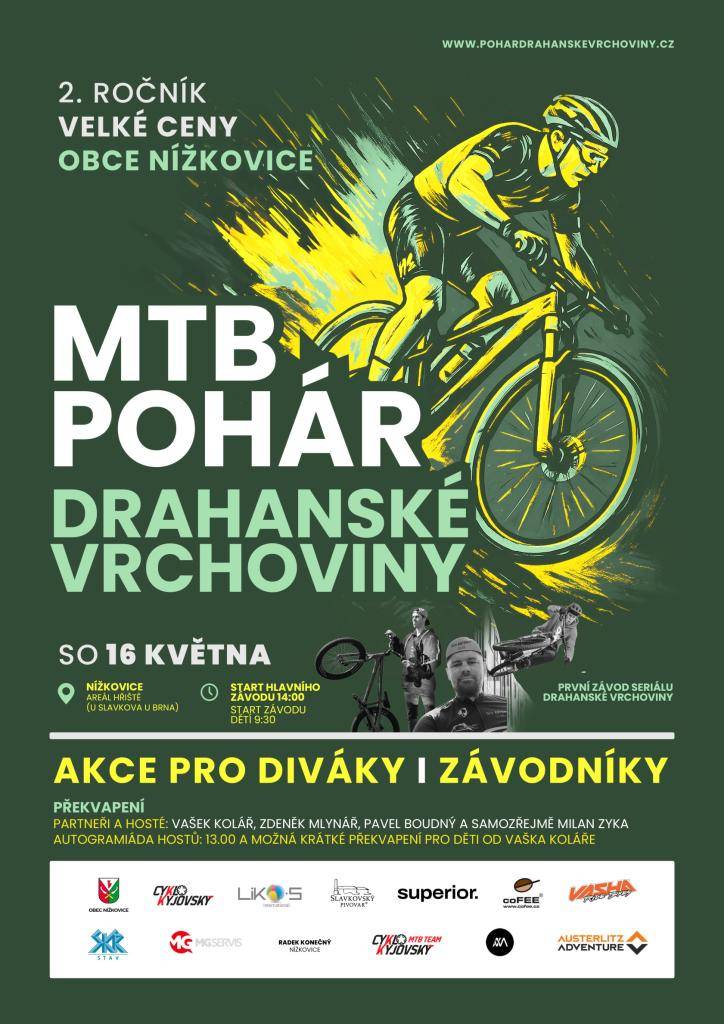 Zveme na MTB POHÁR Drahánské vrchoviny, 2. ročník velké ceny Obce Nížkovice.  Závod se uskuteční v sobotu 16.května  Akce je určena jak pro závodníky, tak pro diváky.  Více na: www.pohardrahanskevrchoviny.cz