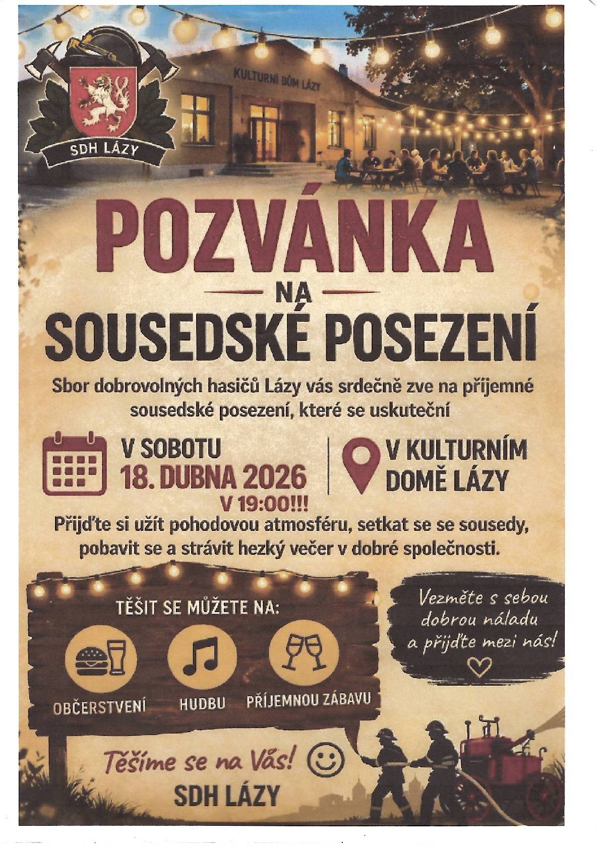 SDH Lázy Vás zvou na Sousedské posezení 18.4.2026