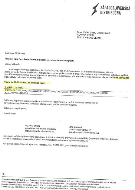 Prerušenie distribúcie elektriny dňa 22.4.2026