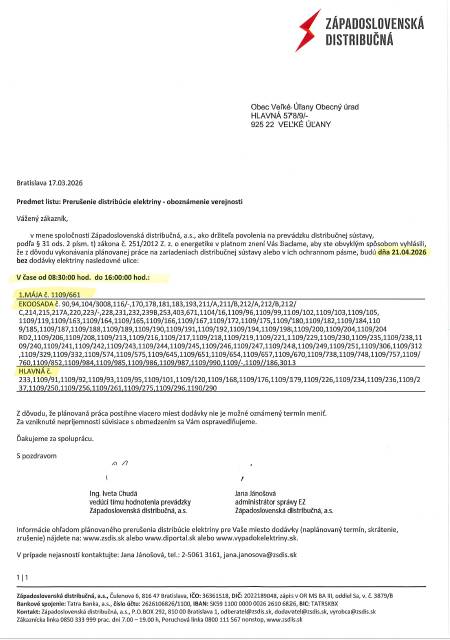 Prerušenie distribúcie elektriny dňa 21.4.2026
