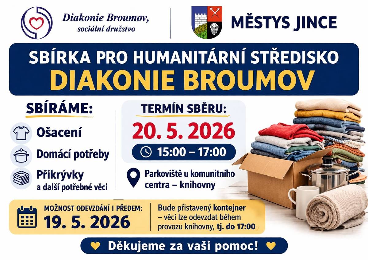 Věci, které již nepotřebujete a jsou funkční a nepoškozené, můžete nosit 20. května od 15 do 17 hodin na parkoviště u komunitního centra - knihovny, Slavíkova 28 (naproti škole).  Komu se termín nehodí, bude 19. 5. do 17 hodin na parkovišti otevřen kontejner, kam můžete věci složit.