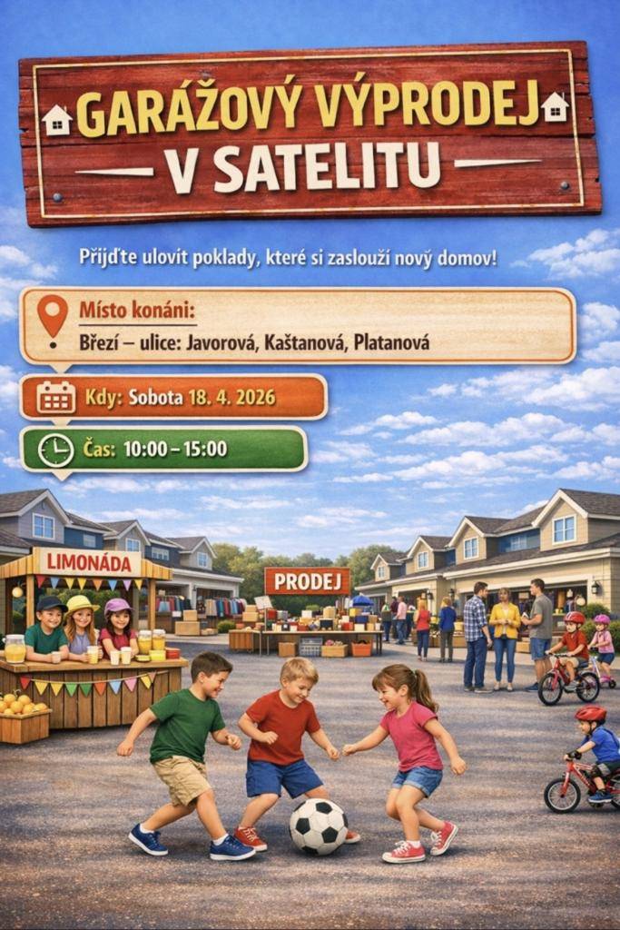V Březí se na ulicích Javorová, Kaštanová a Platanová uskuteční v sobotu 18.4.2026 od 10,00 do 15,00 garážový výprodej.