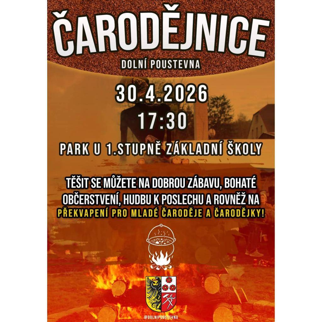 Zveme vás na oslavu Čarodějnic, která se koná 30. dubna 2026 v 17:30 v parku u 1. stupně ZŠ v Dolní Poustevně. Těšit se můžete na skvělou zábavu, chutné občerstvení a hudbu.