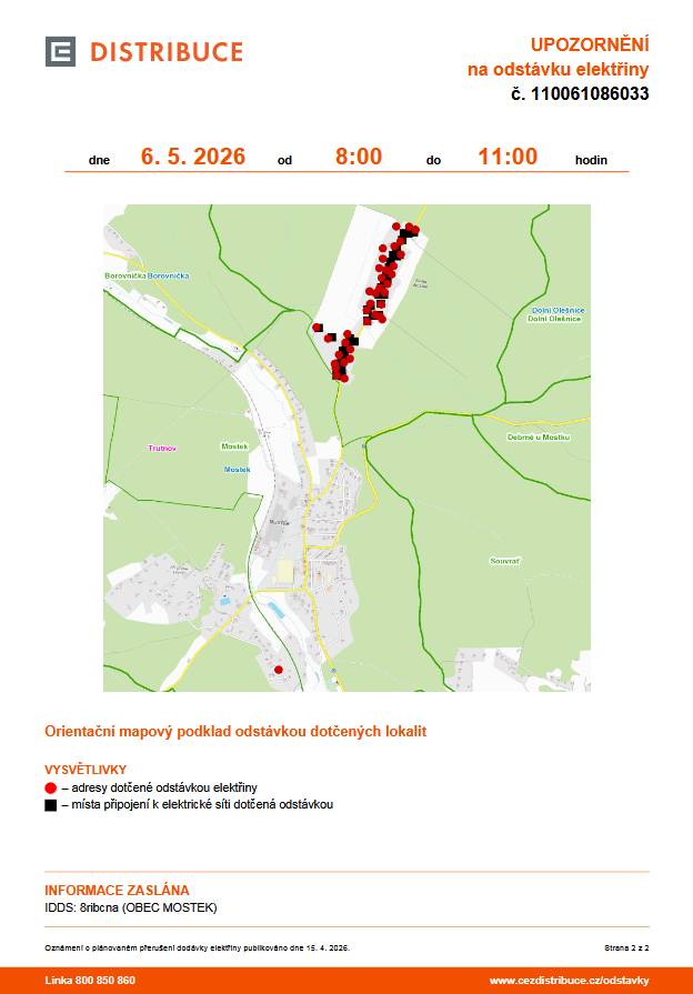 ČEZ Distribuce oznamuje plánované přerušení dodávky elektrické energie v Mostku dne 6. května 2026. Výpadek potrvá od 8:00 do 11:00 hodin.