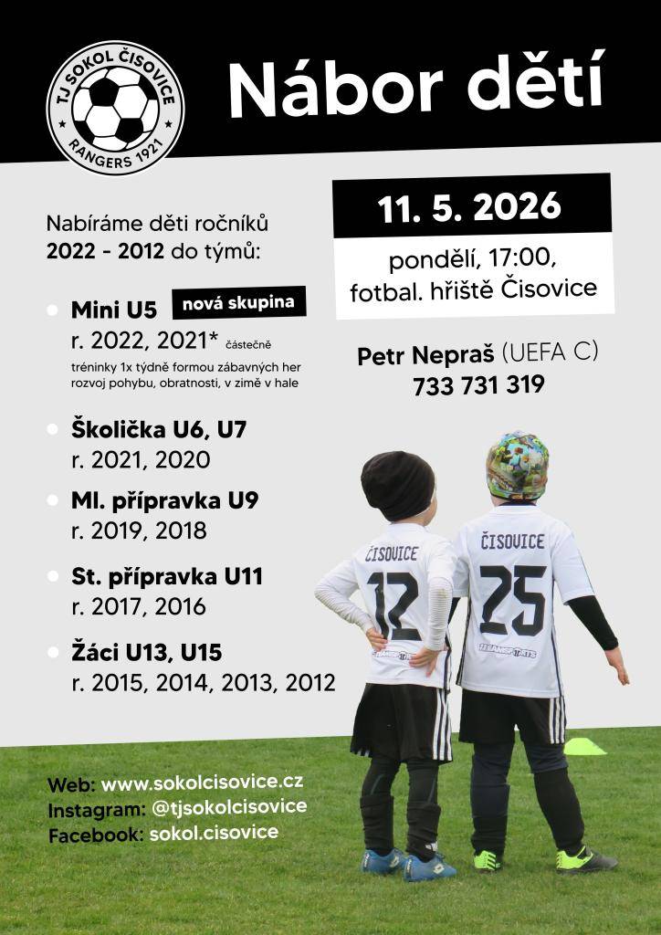 Fotbalový klub Čisovice zve mladé zájemce o fotbal na nábor do týmů pro ročníky 2012 až 2022 dne 11.5. od 17:00 hodin na hřišti v Čisovicích.