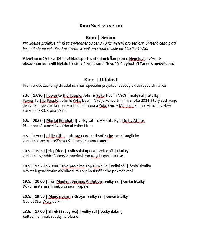 KINO SVĚT HODONÍN - PROGRAM NA MĚSÍC KVĚTEN 2026