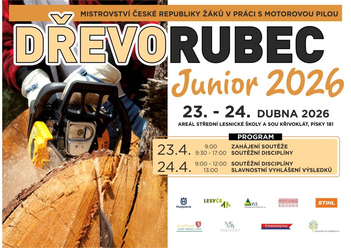 Střední lesnická škola a střední odborné učiliště Písky zve všechny 23. a 24. dubna 2026 na již 20. ročník soutěže - mistrovství ČR v práci žáků do 20 let s motorovou pilou. Soutěž proběhne opět i s mezinárodní účastí. Více na plakátu.