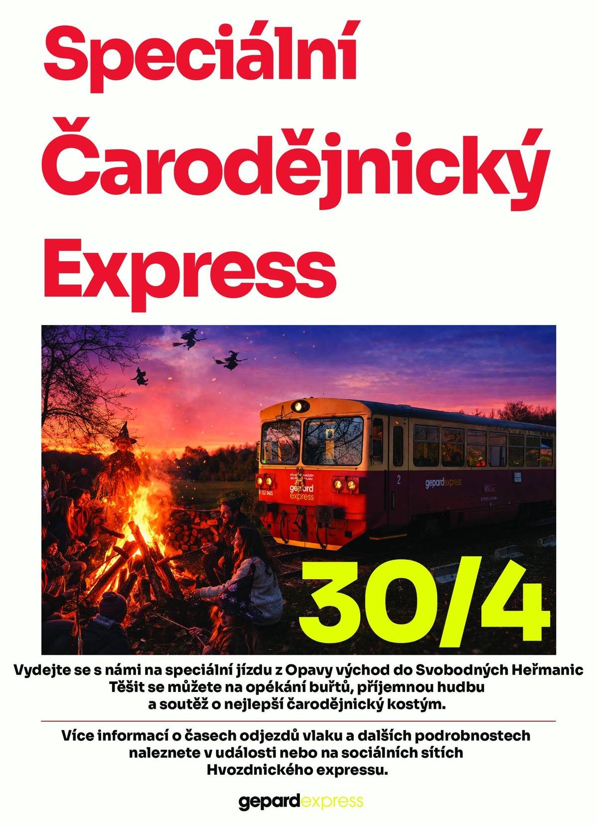 Zveme vás na jedinečnou jízdu plnou atmosféry Filipojakubské noci! Ve čtvrtek 30. 4. se společně vydáme na trase Opava východ – Svobodné Heřmanice, kde nás čeká večer plný pohody a zábavy 🚂✨ Ve stanici Svobodné Heřmanice se bude odehrávat celý program – těšit se můžete na tradiční opékání buřtů, živou muziku a příjemnou přátelskou atmosféru pro malé i velké 🔥🎶 Nebude chybět ani soutěž o nejlepší čarodějnický kostým – zapojit se mohou děti i dospělí, takže fantazii se meze nekladou 🧙♀️🧙♂️ 👉 Občerstvení bude zajištěno přímo na místě, včetně možnosti zakoupení buřtů a všeho potřebného k opékání. 👉 Časy odjezdů vlaku budeme postupně zveřejňovat  Přijďte si užít kouzelný podvečer s nádechem tradic, dobrého jídla a skvělé nálady. Těšíme se na vás! 🔥🚂✨