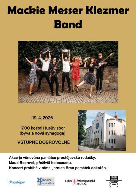 Zveme širokou veřejnost na výjimečný hudební zážitek. V neděli 19. dubna 2026 od 17.00 hodin se v prostorách bývalé nové prostějovské synagogy, dnes kostela Husův sbor, uskuteční koncert kapely Mackie Messer Klezmer Band.                               Číst dál...
