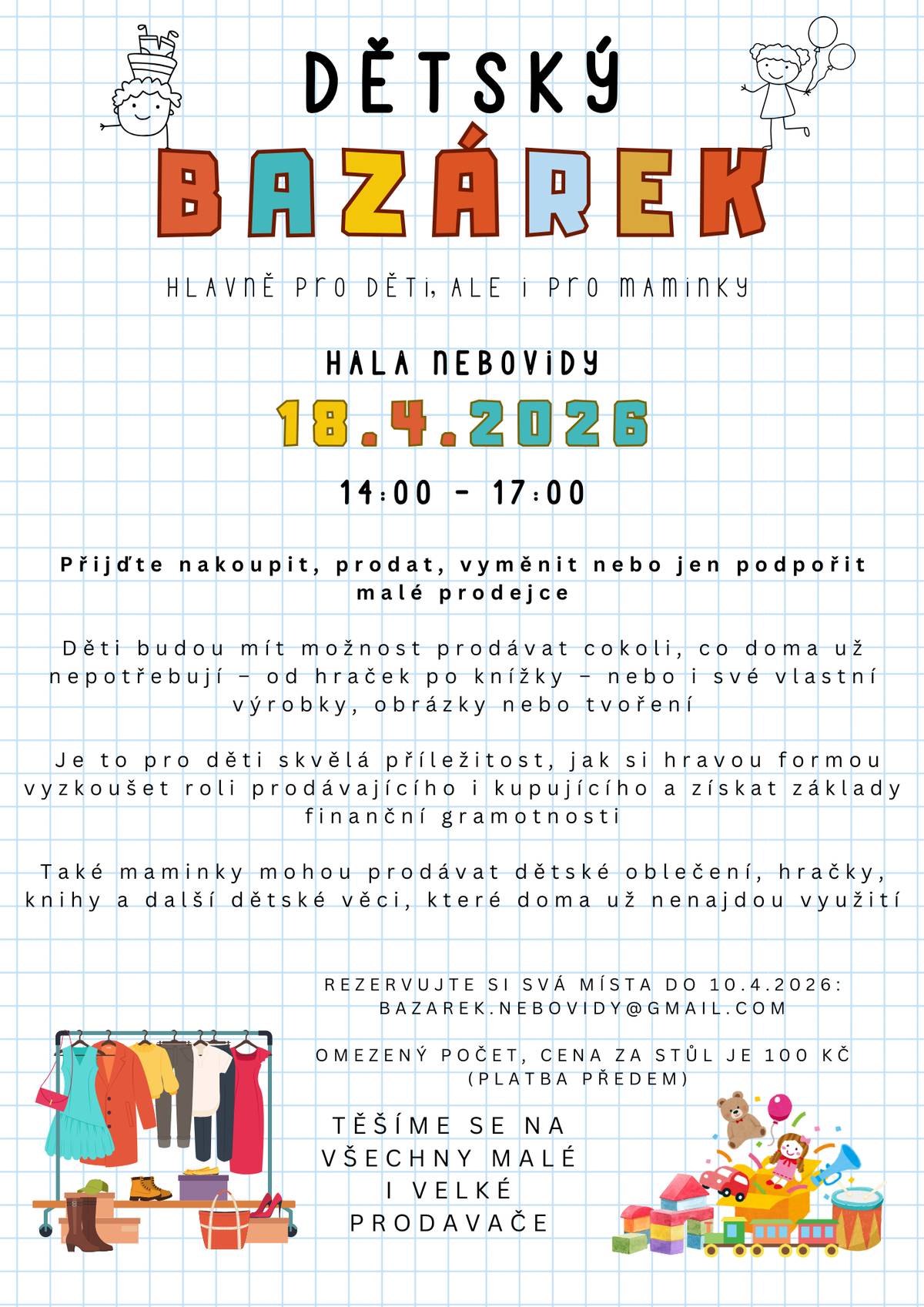 Už tuto sobotu 18. 4. vás zveme do Nebovid na DĚTSKÝ BAZÁREK 🧸💛 📍 Sportovní a společenská hala Nebovidy 🕑 14:00–17:00 Přijďte nakoupit a ocenit dětské snažení, podpořit malé prodejce, kteří si s nadšením vyzkouší roli obchodníků. 👇 Co vás čeká:  malí prodejci se svými hračkami, knížkami, oblečením i vlastními výrobky, velký prodejci s dětským oblečením, hračkami a dalším dětským zbožím, děti, které se učí komunikovat, počítat a prodávat, drobné občerstvení pro děti, žíněnky k hraní nebo posezení a koutek na kreslení, příjemná komunitní akce pro malé i velké návštěvníky  💰 Platí se v hotovosti, platby si děti vybírají samy přímo u svého stolku (nebo za pomoci rodičů). 👧🧒 Nakupovat mohou všichni – malí i velcí. Každá návštěva a každý nákup je pro děti velkým povzbuzením 💛 Těšíme se na vás!