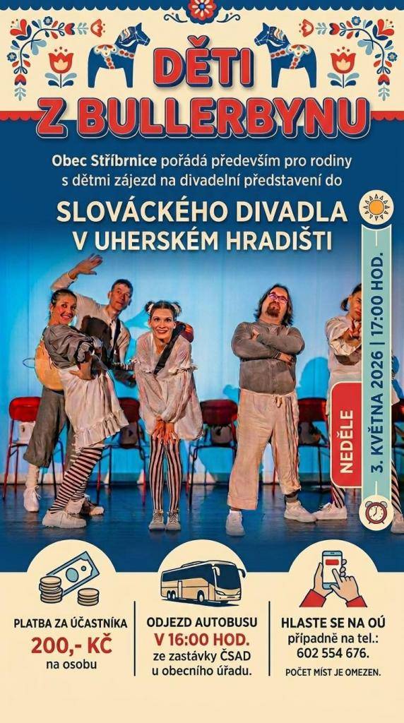 Obec Stříbrnice srdečně zve všechny sousedy, a především rodiny s dětmi, na společný zájezd do Slováckého divadla v Uherském Hradišti. Čeká nás úžasné představení na motivy oblíbené knížky Astrid Lindgrenové – Děti z Bullerbynu!  Představení je vhodné a doporučené pro děti ve věku od 5 let.