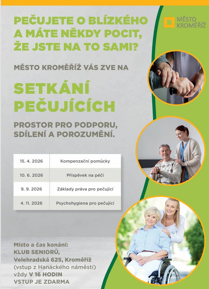 Město Kroměříž zve na Setkání pečujících osob, jehož cílem je nabídnout pečujícím prostor pro sdílení zkušeností, vzájemnou podporu a také možnost získat užitečné informace.