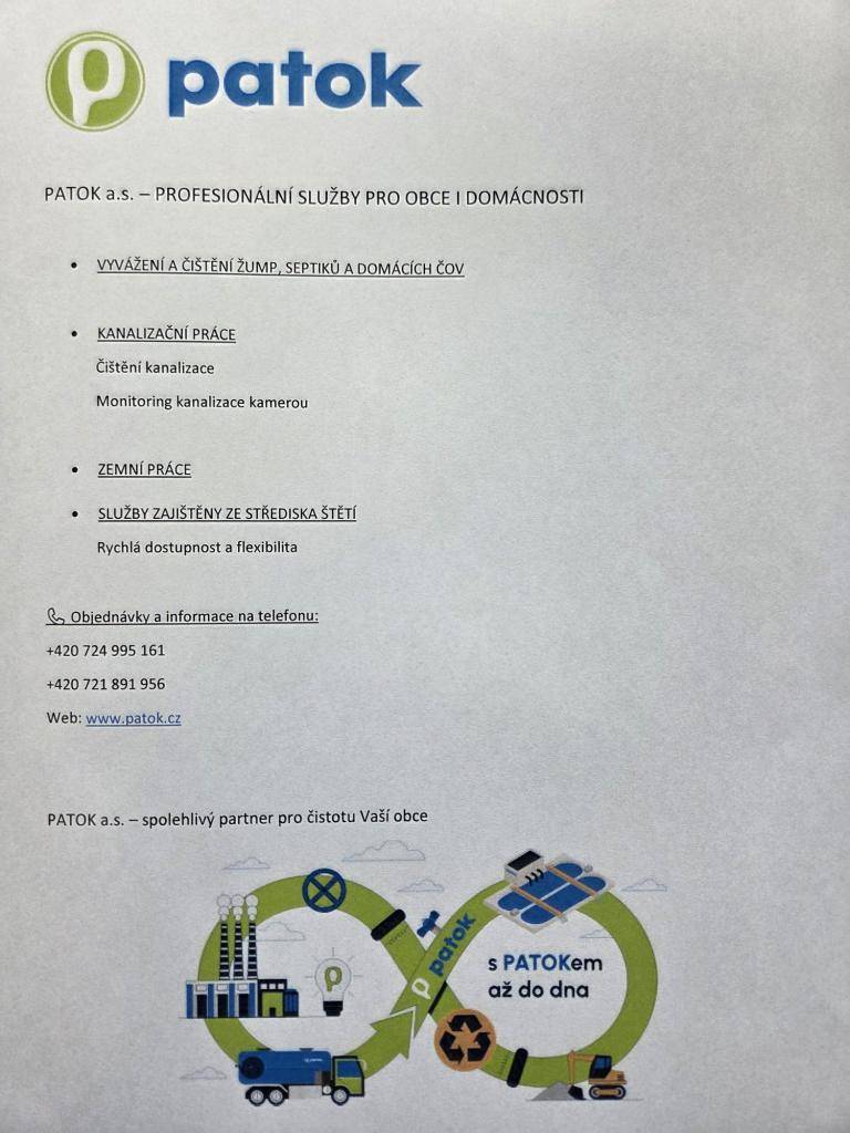 Spol. PATOK a.s. nabízí své služby viz. leták.