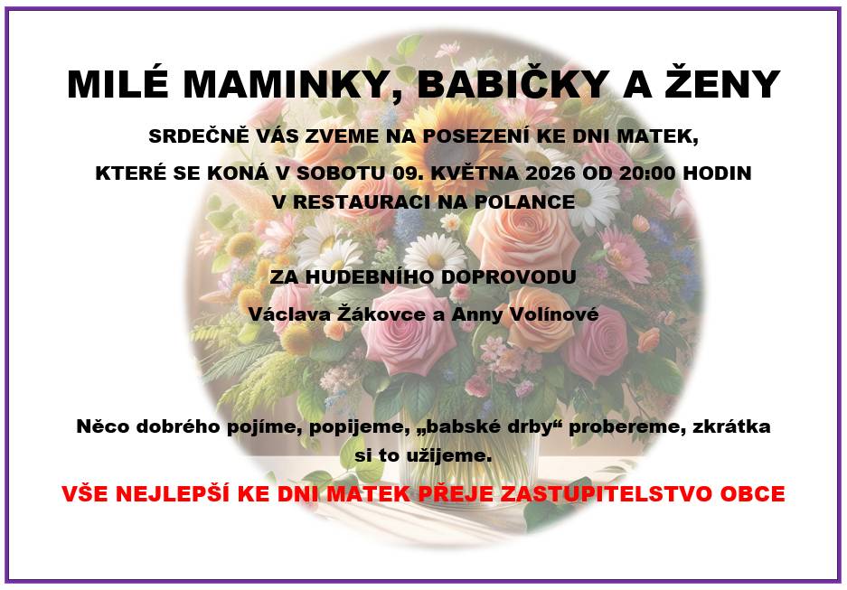 Tradiční posezení při hudbě ke Dni matek - 9. května 2026  od 20:00 s hudebním doprovodem Dua Žákovec + Volínová.