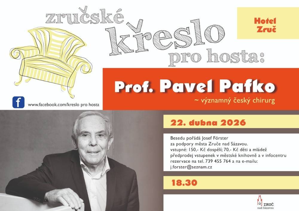 Srdečně vás zveme na další díl oblíbeného pořadu, jehož hostem bude profesor Pavel Pafko. Akce začne v 18:30 na Hotelu Zruč. Vstupné 150 Kč/ 70 Kč mládež. Vstupenky můžete zakoupit v předprodeji v městské knihovně a v infocentru. K dostání budou také na místě.