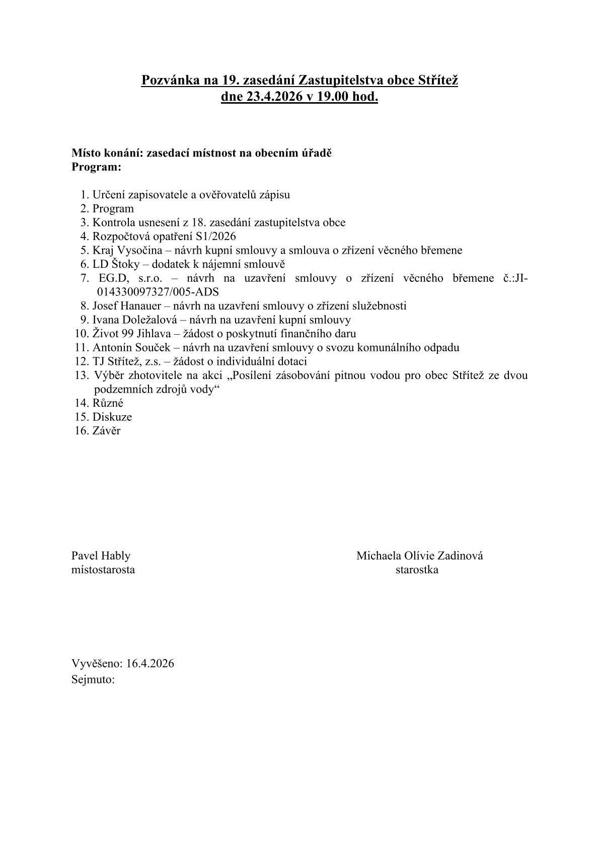 a 19.zasedání zastupitelstva obce