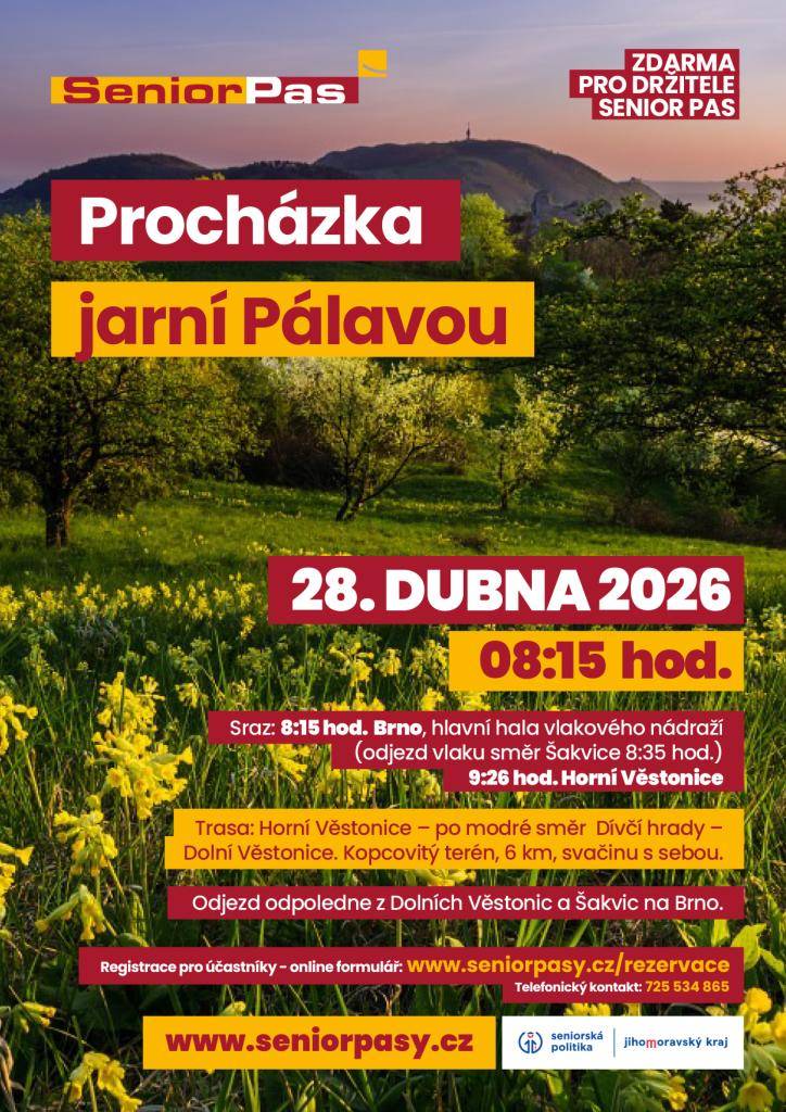 Nabídka procházky jarní Pálavou pro místní seniory.  Informace pro zájemce:  •přihlašování je možné na e-mailu dvorakova@seniorpasy.cz  •sraz ve Věstonicích je 28. dubna v 9:26 na autobusové zastávce  •kapacita pro tuto skupinu je 10 míst.
