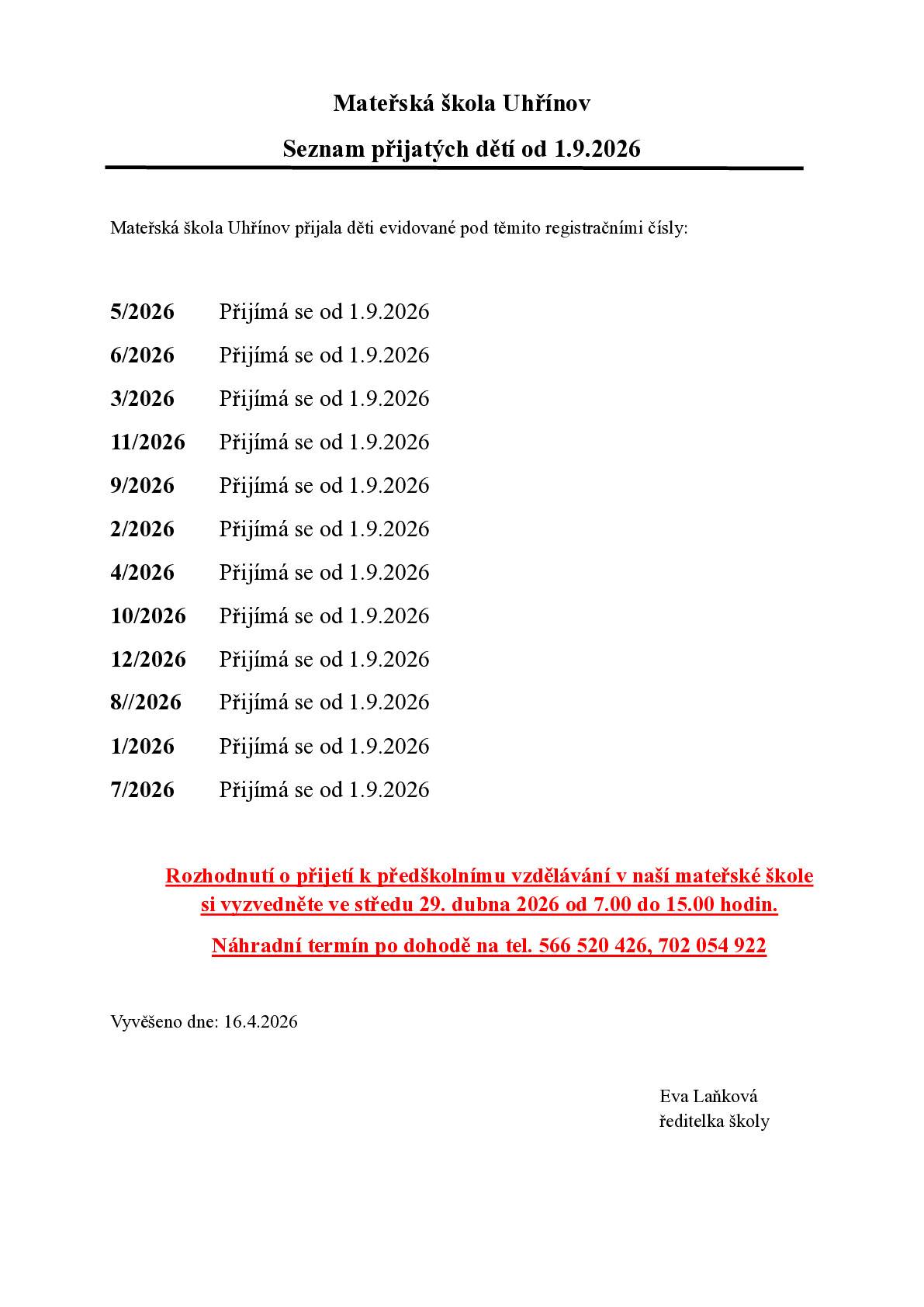 do Mateřské školy Uhřínov