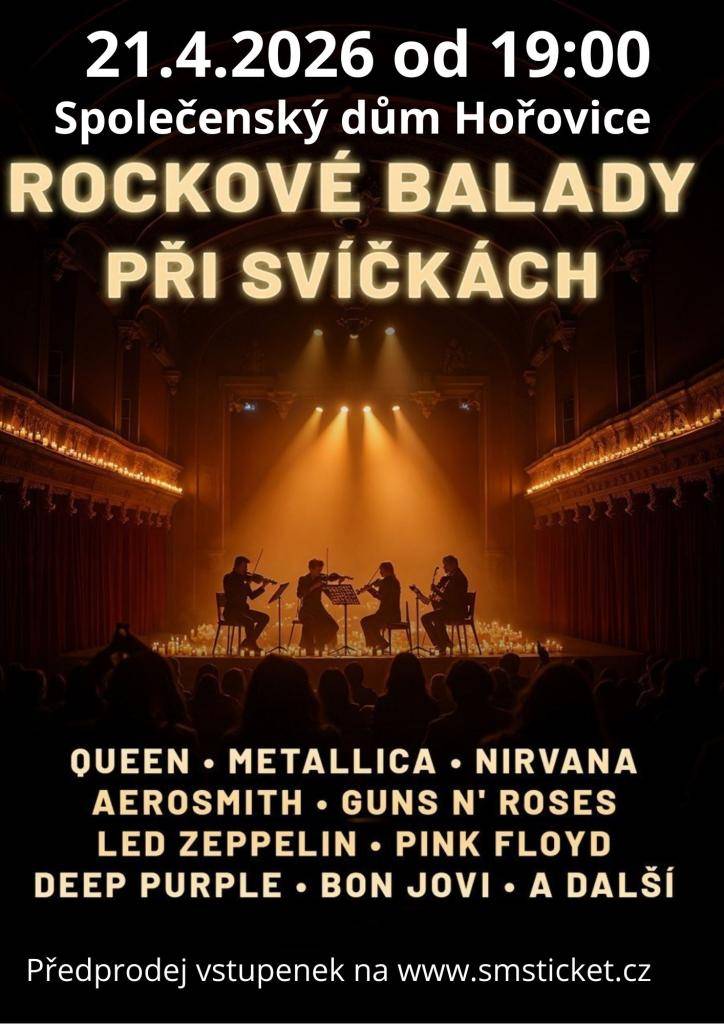 Zažij kouzlo největších rockových hitů během jedinečného večera, kde legendární melodie zazní v podání smyčcového kvarteta za svitu stovek svíček.  Vstupné od 750,- Kč