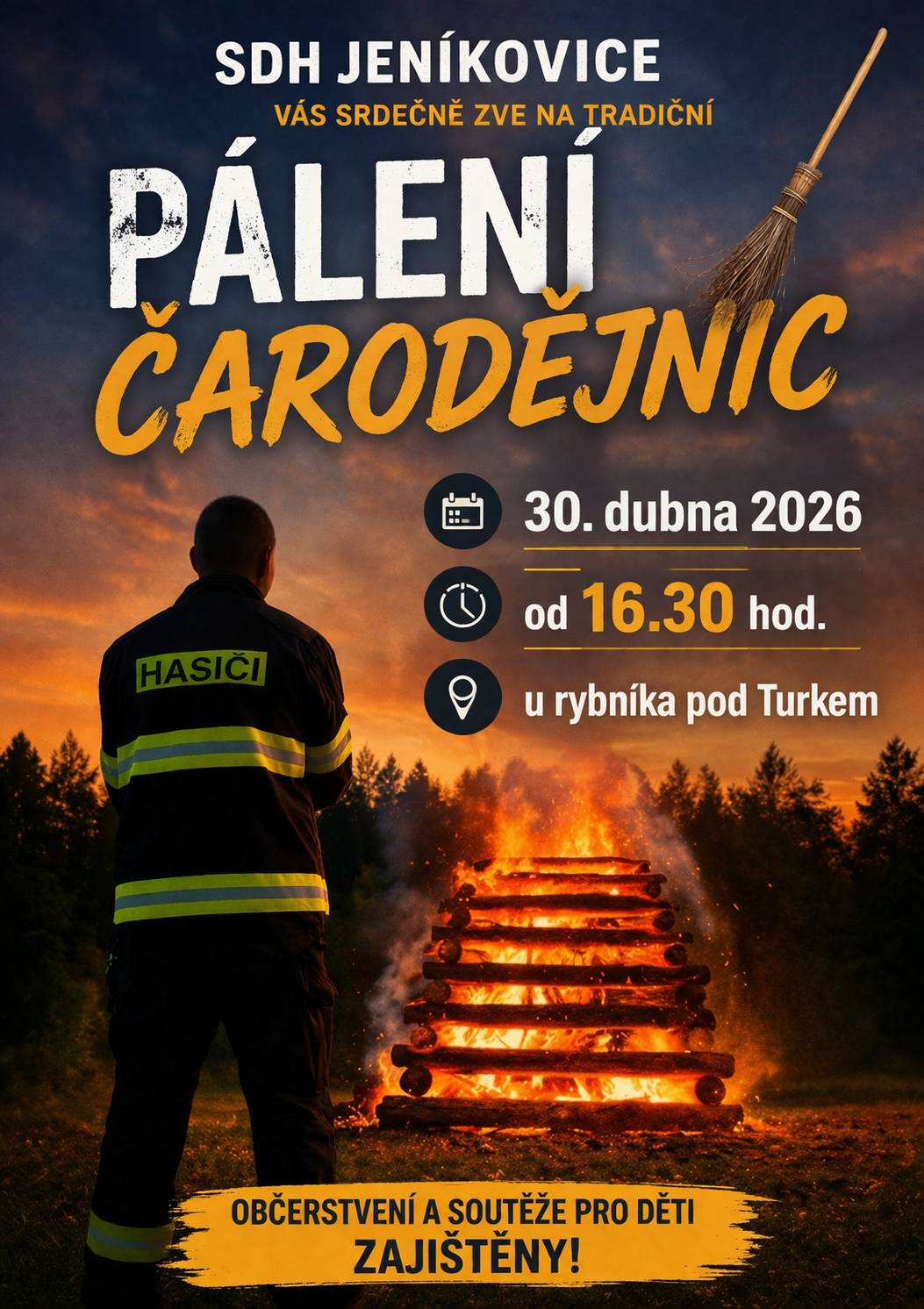 SDH Jeníkovice Vás srdečně zve na tradiční pálení čarodějnic 30.dubna od 16:30 hodin u rybníka Pod Turkem. Občerstvení a soutěže pro děti zajištěny!