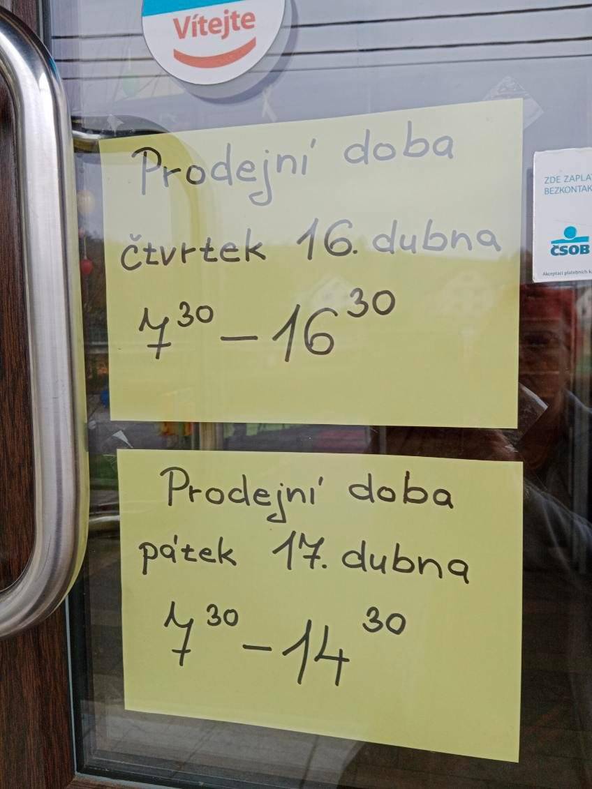 prodejna COOP oznamuje změnu prodejní doby,ve ČT 16.4.26  7.30-16:30 a v PA 17.4.26 7:30-14:30