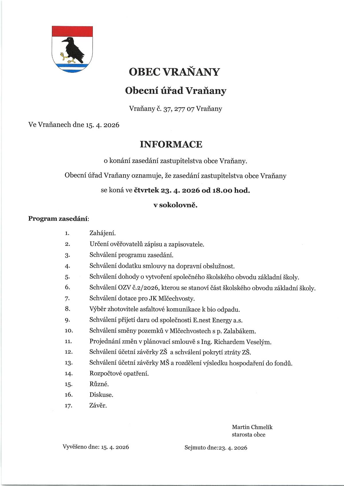 Ve čtvrtek 23.4. od 18 hodin v sokolovně.